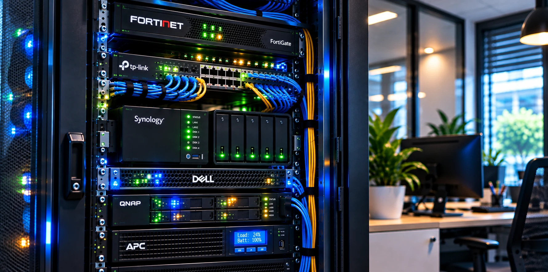 Baie informatique active de PME avec réseau, serveurs, NAS et onduleur