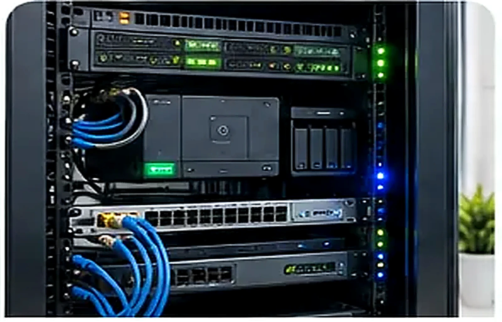 Baie informatique de PME avec câblage organisé et équipements réseau